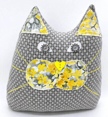 Cat Doorstop - Gray and yellow floral