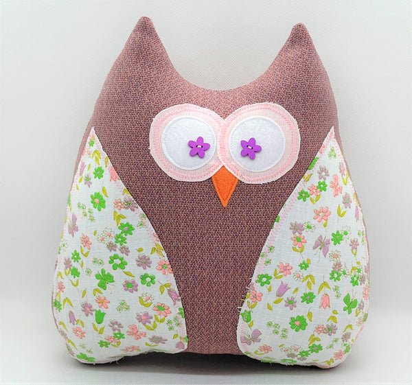 Vintage mauve and pink floral owl pillow