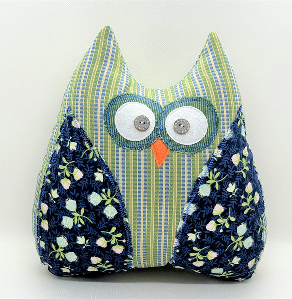 Owl pillow with blue and green stripes and posies