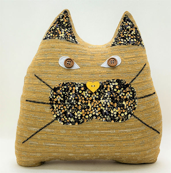 Mustard gold cat pillow with black mustard and periwinkle floral print