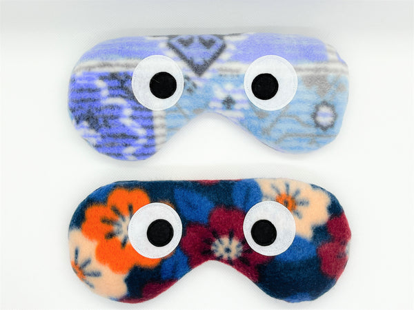 eye masks in denim blue and navy blue floral prints