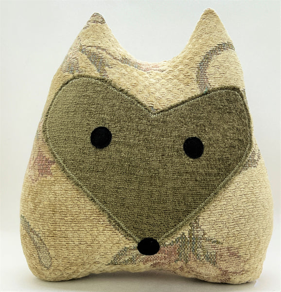 Tapestry fox pillow in beige rose and olive green
