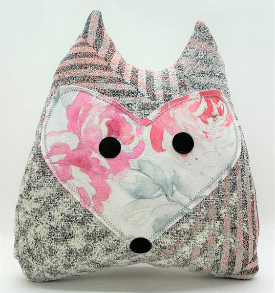 Fox pillow with pink black and gray and a watercolor floral print in coordinating colors