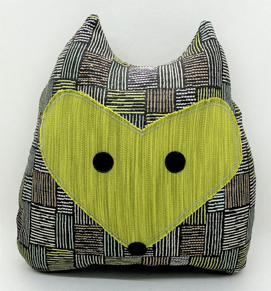 green black gray and brown checked fox pillow with bright green face