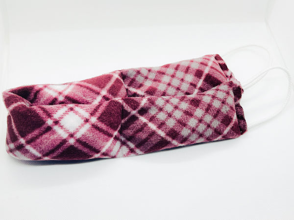 neck wrap with handles in burgundy and gray plaid