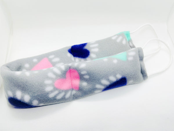 neck wrap with handles in gray with pink purple and green hearts