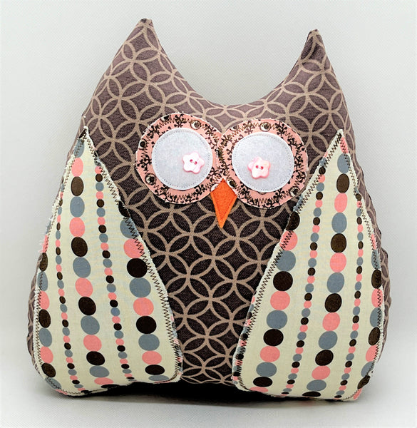 Brown gray and dusty pink polka dot owl pillow