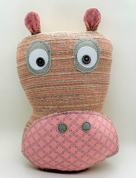 Pink gray and cream striped hippo pillow with pink and silver floral accents