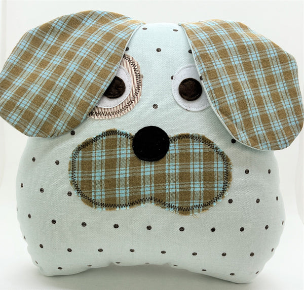 Pale blue puppy pillow with brown dots plaid and floppy ears