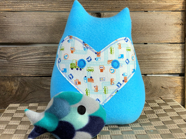 Blue fox pillow with trucks and a blue fish hot and cold pack